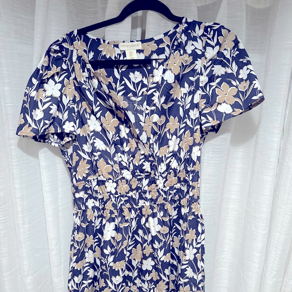 Cynthia Rowley navy blue with beige floral maxi dress.